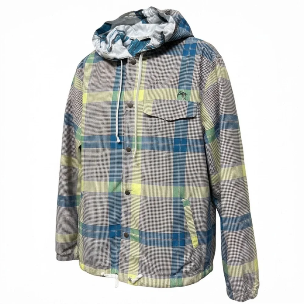 Kirra Men’s Lightweight Hooded Plaid Windbreaker Jacket Large Snap Front Lined